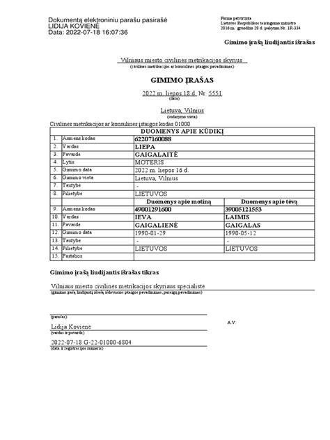 Vaiko gimimo liudijimo išrašas