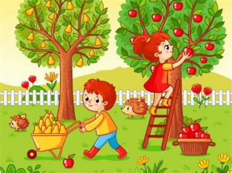 vaikai renka rudens gėrybes