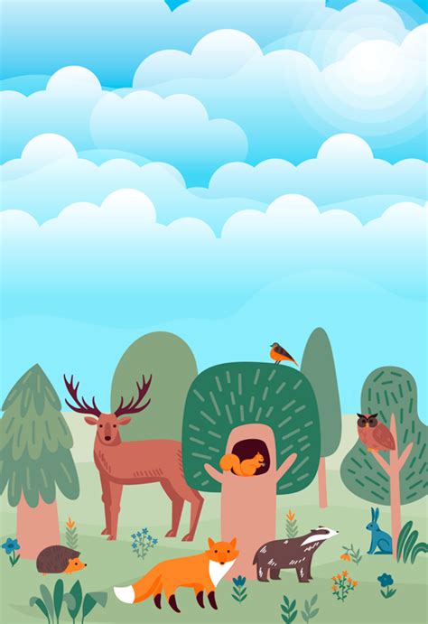 Miško karalystės medžių ir gyvūnų iliustracija