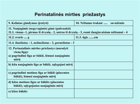 Schema, iliustruojanti perinatalinės mirties liudijimo pildymo procesą