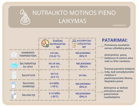 Schema su motinos pieno laikymo terminais skirtingose temperatūrose