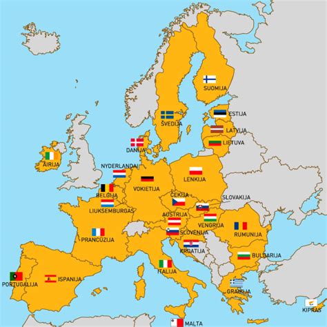 Europos Sąjungos žemėlapis su pažymėtomis valstybėmis narėmis