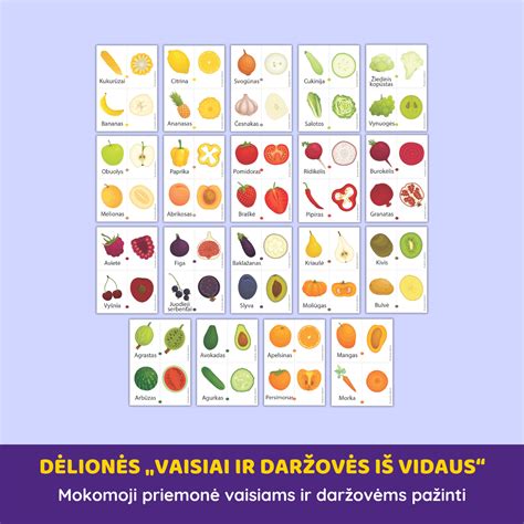 įvairūs vaisiai ir daržovės